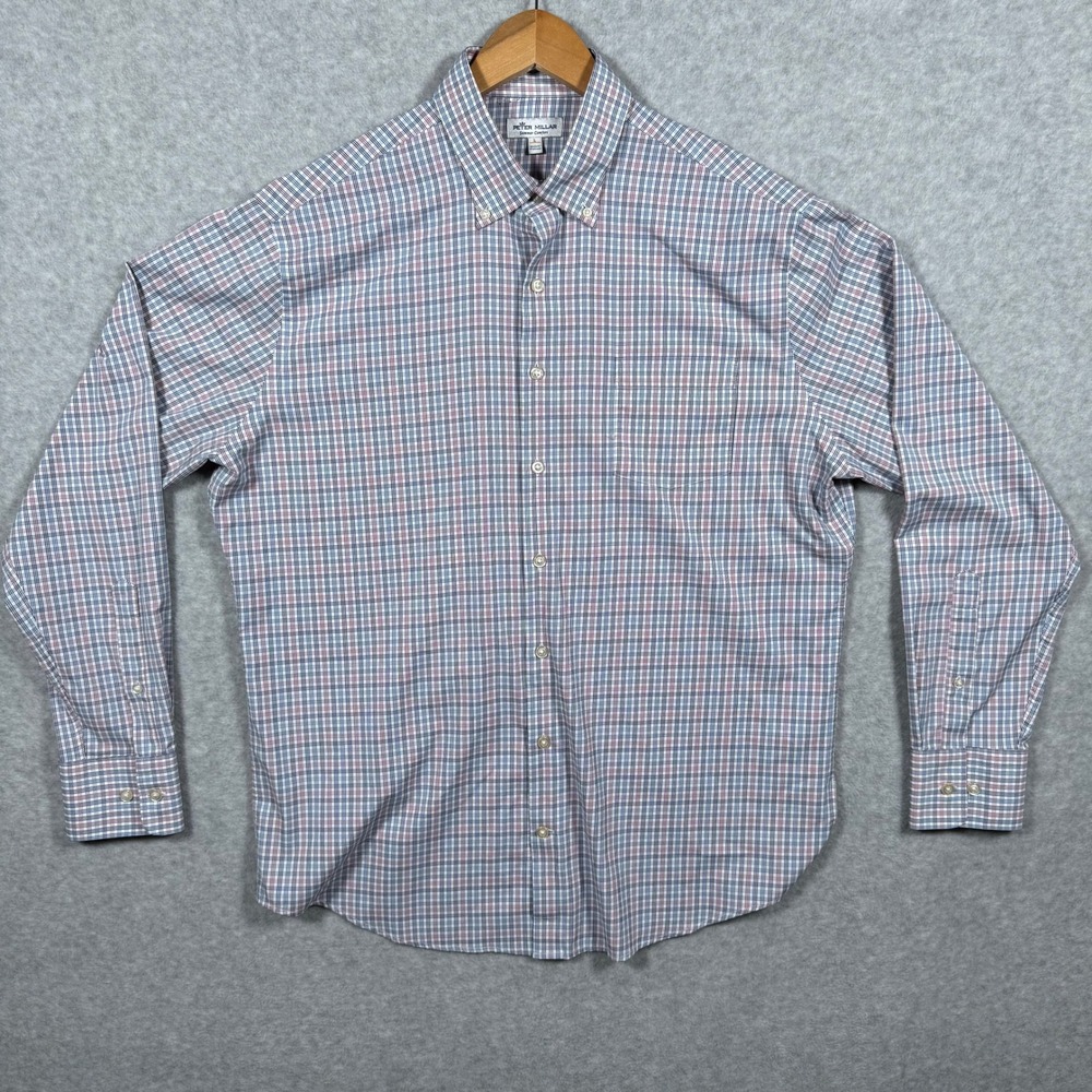Peter Millar Summer Comfort Mens Large Blue Red Plaid Performance Button Down